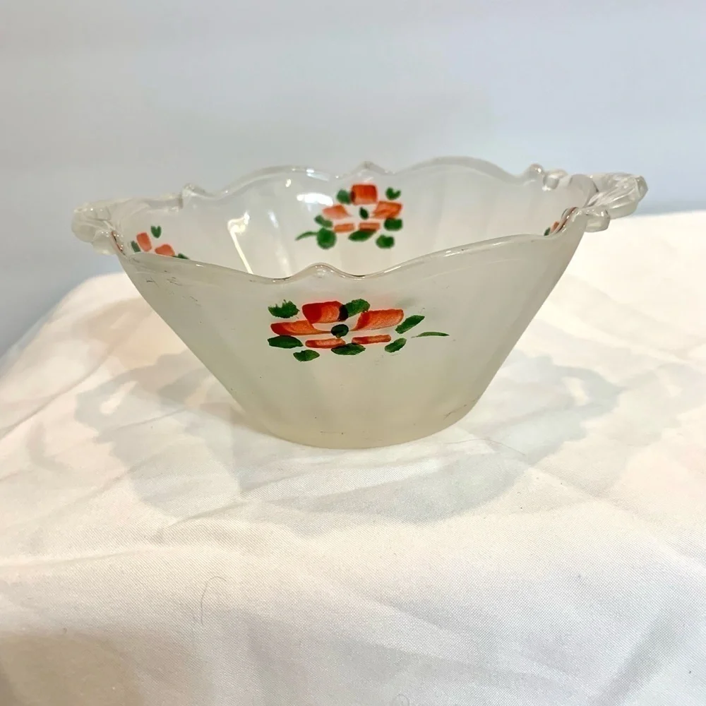 VINTAGE LANCASTER GLASS BOWL FROSTED SATIN PAINTED PINK FLOWERS